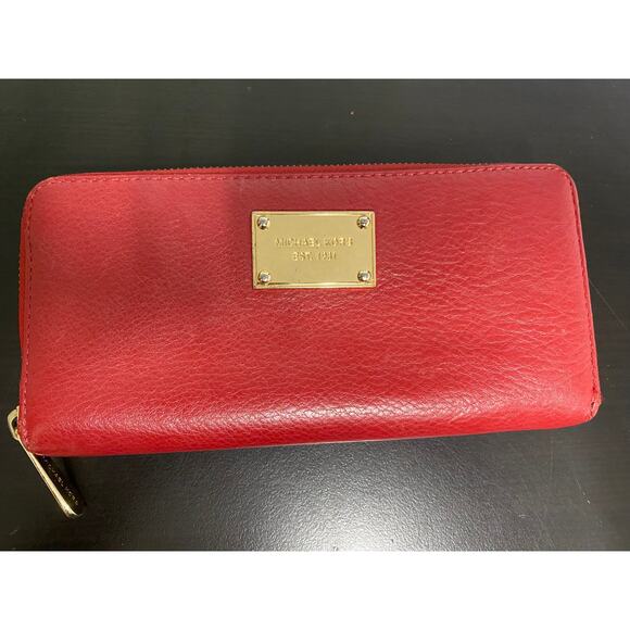 MICHAEL KORS Jet Set Zip Around Large Continental Travel Wallet Red Leather-Used - Picture 1 of 6